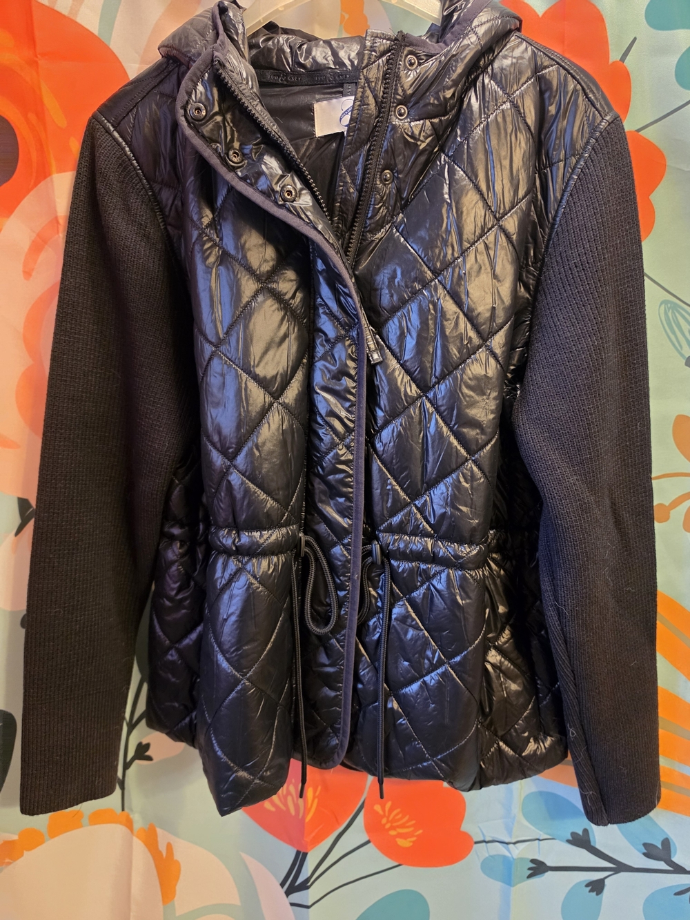 Lou & Grey Black Quilted Hooded Puffer Jacket with Knit Sleeves